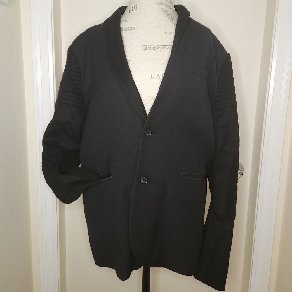 Mens Black Wool Leather Blazer Moto Jacket